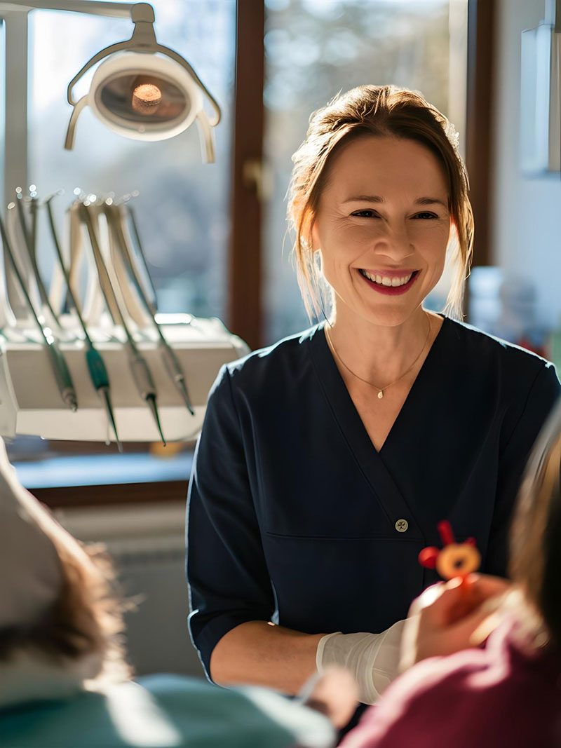 Smiling dental practice owner greeting a patient in her treatment room